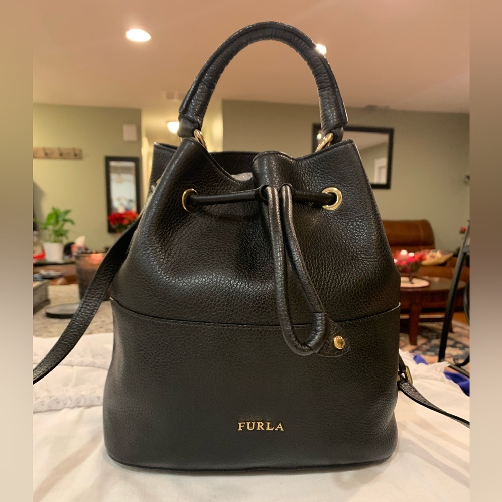 Furla Black Leather Crossbody bucket style Bag